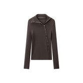 Women's Ribbed Lapel Asymmetric Button Knit Top