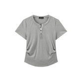 Women's Pleated T-Shirt with Henley Collar