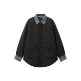 Women's Oversized Down Shirt with Denim Panels