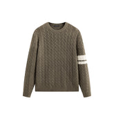 Men's Brown Cable-Knit Contrast-Stripe Sweater