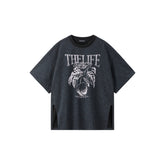 Women's High-Street Ruched Print T-Shirt with Side Slit