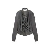 Women's Velour Lace-Up Pleated Blouse