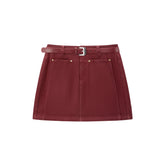 Women's Burgundy High-Waist A-Line Denim Skirt