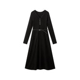 Women's Black Mid-Length Knit Dress with Belt