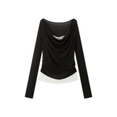 Women's Off-Shoulder Cowl Neck T-Shirt with Lace Trim