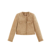 Women's Velour Textured Short Jacket With Raw Edges