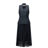 Women's French-style V-neck faux two-piece dress