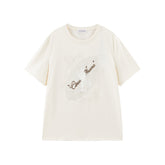 Women's lace flocking large pattern loose T-shirt