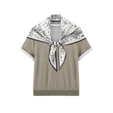 Women's short-sleeve U-neck knit top with scarf