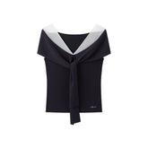Women's V-neck Tie-front Short Sleeve Knit Top