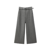 Women's Casual Grey Wool Wide-Leg Straight Suit Pants