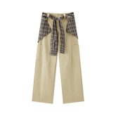 Women's Utility-Style Detachable Plaid Chestnut Curved-Leg Pants