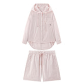 Women's Pink Hooded Long-Sleeve Shirt and Shorts Set