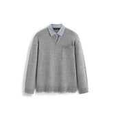 Men's Commuter Grey Faux-Layer Plaid-Collar Knit Top