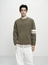 Men's Brown Cable-Knit Contrast-Stripe Sweater
