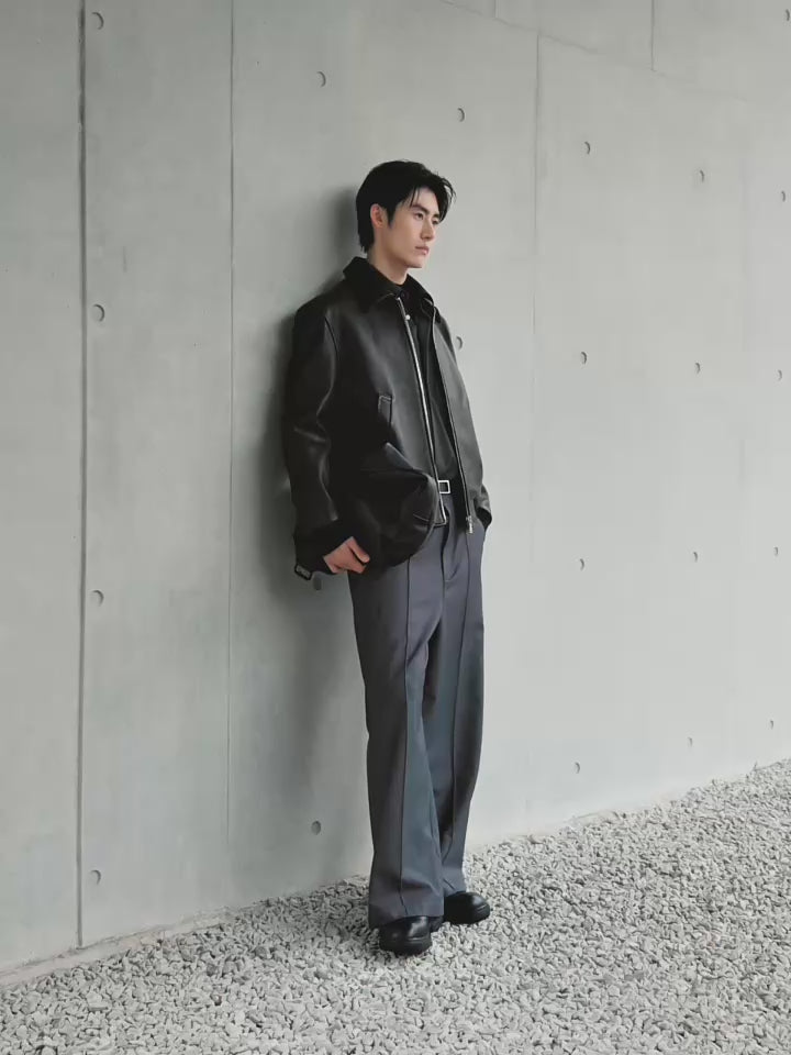 Men's Contrast Short Leather Bomber Jacket