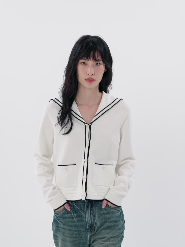 Women's Contrast Sailor-Collar Knit Cardigan