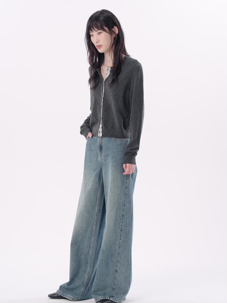 Women's Diamond Knit Cardigan with Lace Trim