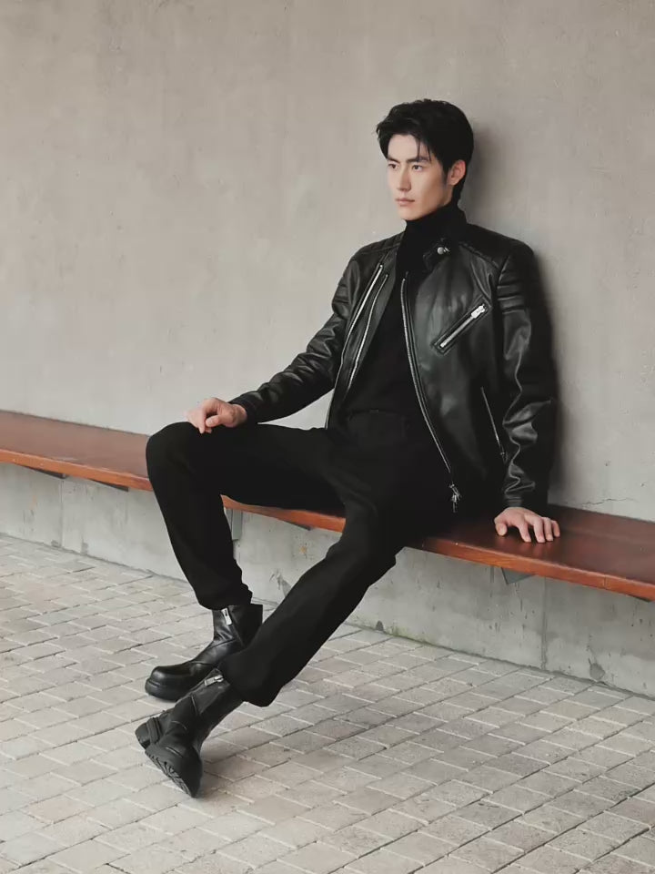 Men's Zip-Detail Moto Leather Jacket