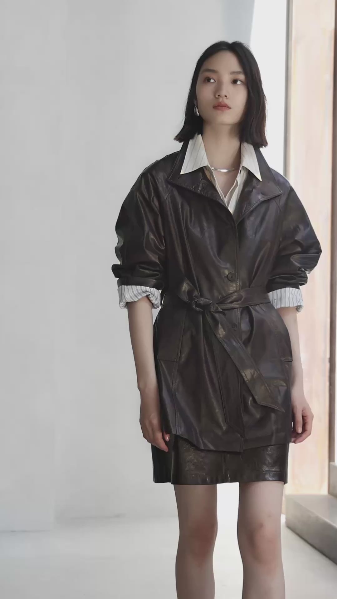 Women's Trench-Style Waxed PU Jacket