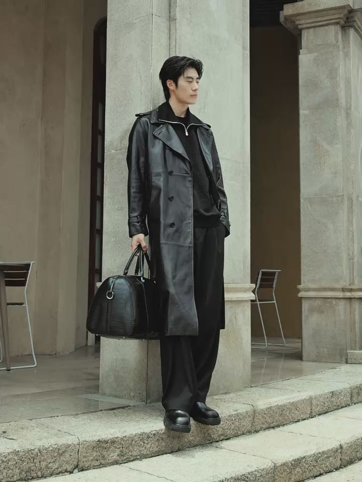 Men's Long Double-Breasted Leather Coat