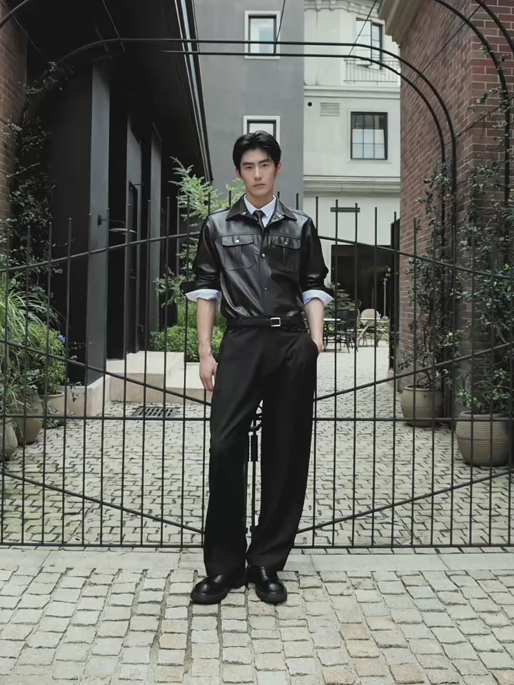 Men's Epaulet Shirt-Style Leather Jacket