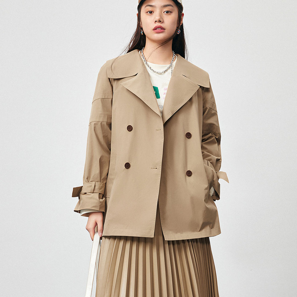 Peacebird Women Solid Double Breasted Belted Trench Coat