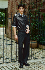 Men's Epaulet Shirt-Style Leather Jacket