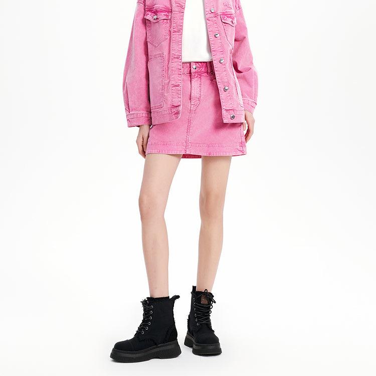 Women's Pink Corduroy Washed Denim Skirt