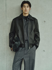 Men's Contrast Short Leather Bomber Jacket