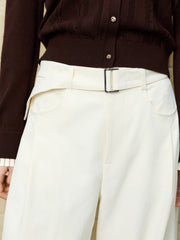 Women's Casual High-Rise Self-Tie Belt Curved-Leg Pants