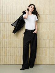 Women's Casual High-Rise Self-Tie Belt Curved-Leg Pants