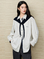 Women's Commuter Striped Detachable Scarf Shirt