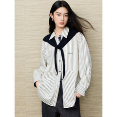 Women's Commuter Striped Detachable Scarf Shirt