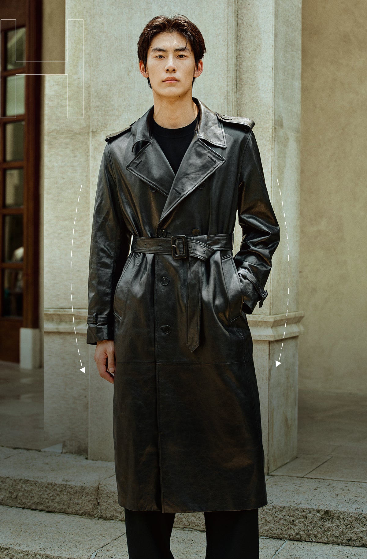 Men's Long Double-Breasted Leather Coat