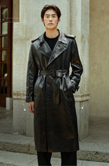 Men's Long Double-Breasted Leather Coat