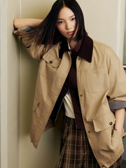 Women's Vintage Barn-Style Contrast-Lapel Utility Jacket