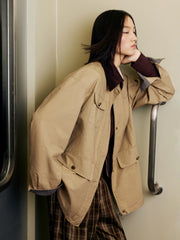 Women's Vintage Barn-Style Contrast-Lapel Utility Jacket