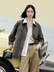 Women's Vintage Barn-Style Contrast-Lapel Utility Jacket