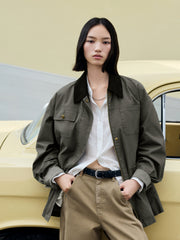 Women's Vintage Barn-Style Contrast-Lapel Utility Jacket