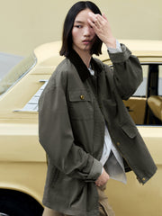Women's Vintage Barn-Style Contrast-Lapel Utility Jacket