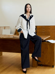 Women's Commuter Striped Detachable Scarf Shirt