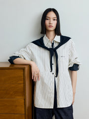 Women's Commuter Striped Detachable Scarf Shirt