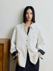 Women's Commuter Striped Detachable Scarf Shirt