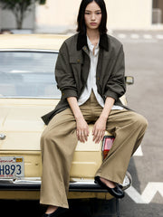 Women's Vintage Barn-Style Contrast-Lapel Utility Jacket