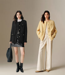 Women's Tweed-Texture Padded Jacket with Raw Edges