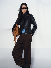 Women's Commuter Waist-Cinching Genuine Leather Jacket