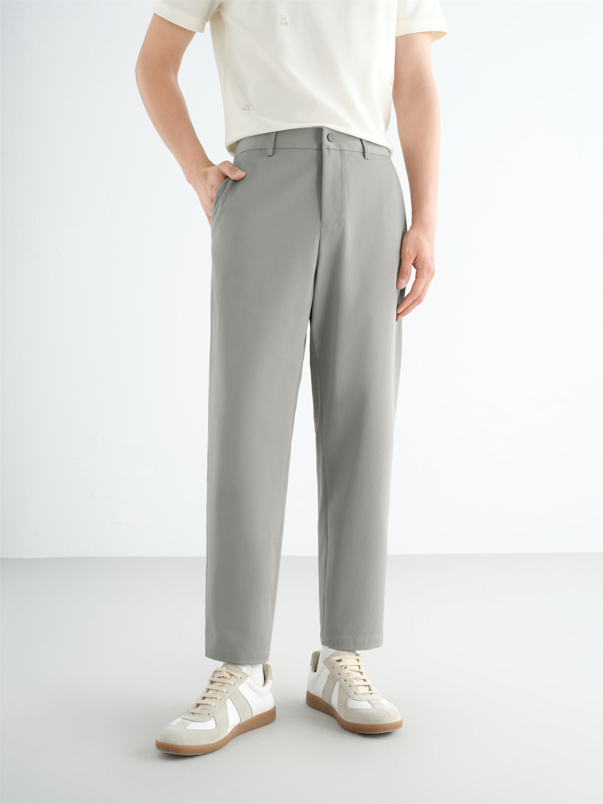 Men's Khaki Tencel Seersucker Cropped Tapered Pants