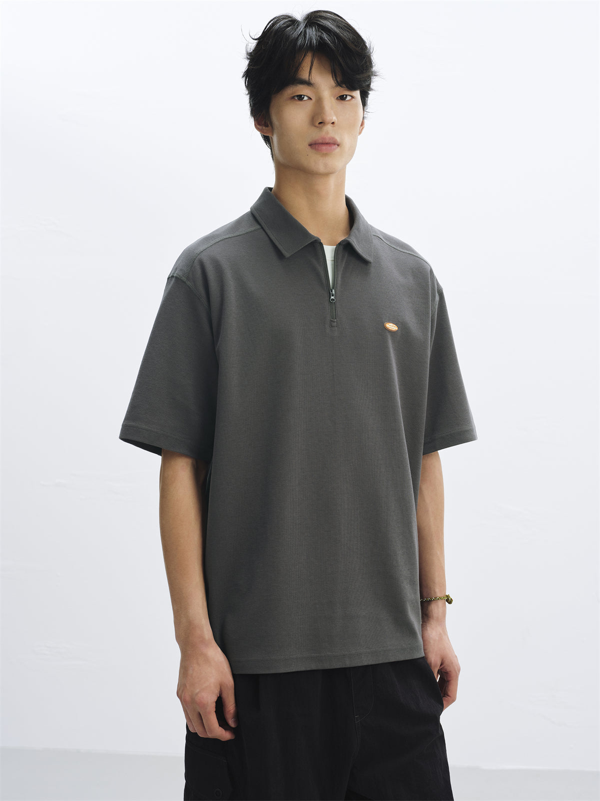 Men's Waffle-Knit Polo Shirt with Label