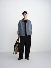 Men's Textured Tweed-Style Jacket with PU Collar